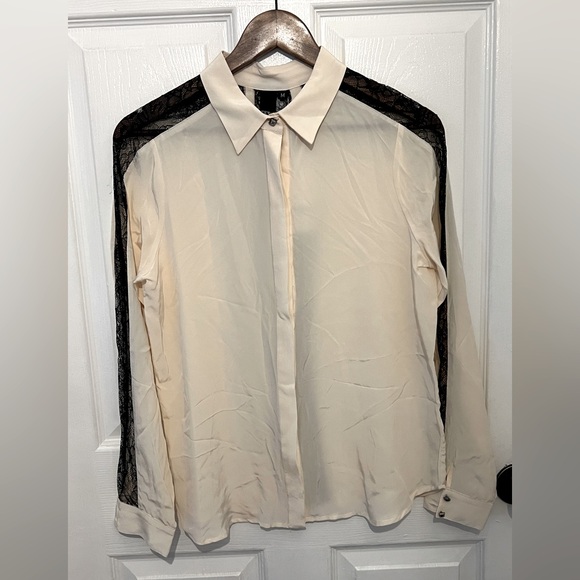 Tt COLLECTION Women's Ivory Silk & Black Lace Long Sleeve Button Down Shirt NEW - Picture 1 of 5